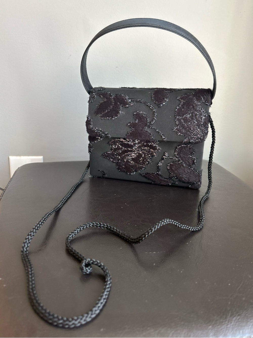 Black Evening Back with Floral Textile Detail Crossbody Strap and Handle